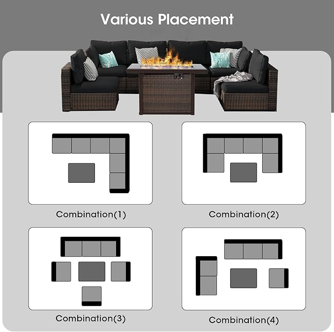 Grezone Patio Furniture Set,7 Piece Patio Furniture Set with Fire Pit Table,PE Wicker Rattan Sectional Sofa Patio Conversation Set with Thickened Cushions, Black