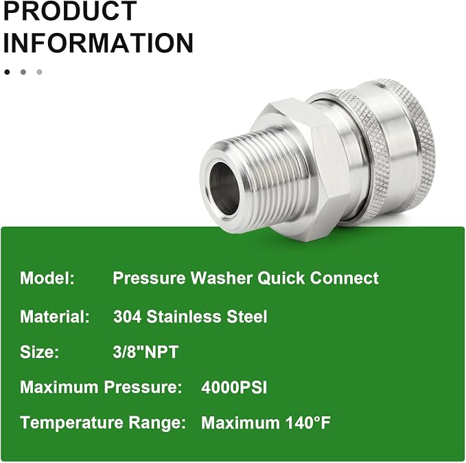 TAISHER 4PCS 304 Stainless Steel 3/8" Male NPT High Pressure Washer Quick Connect Coupler for Pressure Washing Gun Hose Accessories
