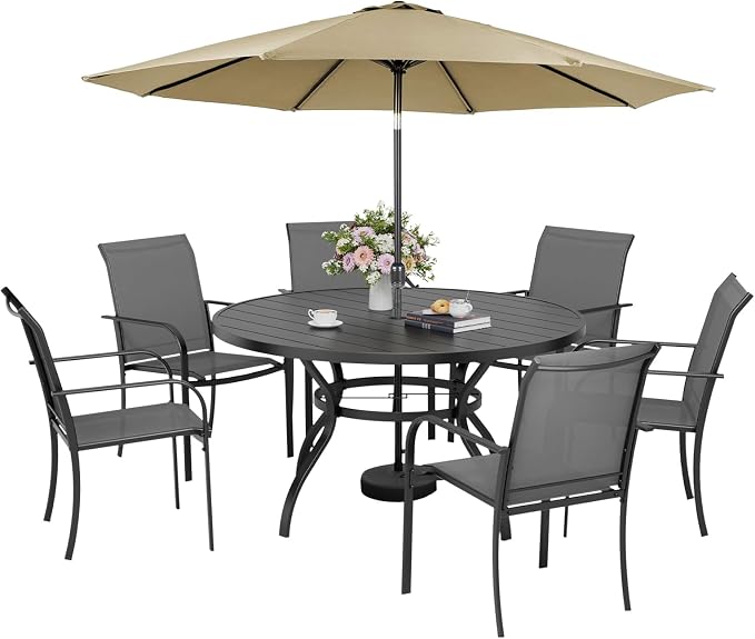 7-Piece Patio Dining Set with Umbrella,6 Person Outdoor Table and Chairs Set, 6 Metal Dining Chairs and Round Outdoor Table with 1.57" Umbrella Hole,Grey