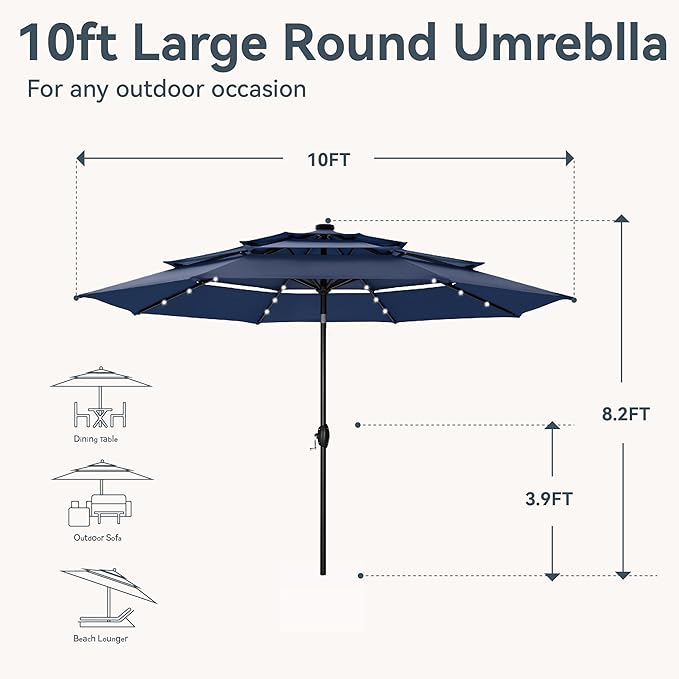 GREEN PARTY 10ft Patio Umbrella with Solar Lights, Auto-Tilt Lighted Market Table Umbrellas with Crank, 8 Sturdy Ribs & 1.5" Pole outdoor umbrellas for Patio Garden Deck Backyard Pool, Navy Blue