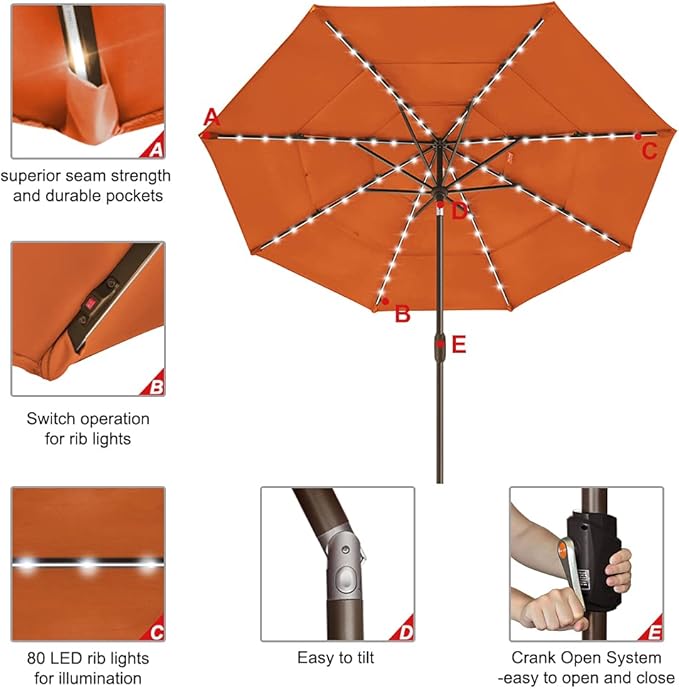 EliteShade USA 10-Year-Non-Fading 9ft 3-Tier Market Patio Umbrella, Commercial Table Umbrella with 80 Solar LED Lights, Crank Open, Windproof & UPF 50+ UV Protection for Garden, Deck, Pool, Backyard, Rust