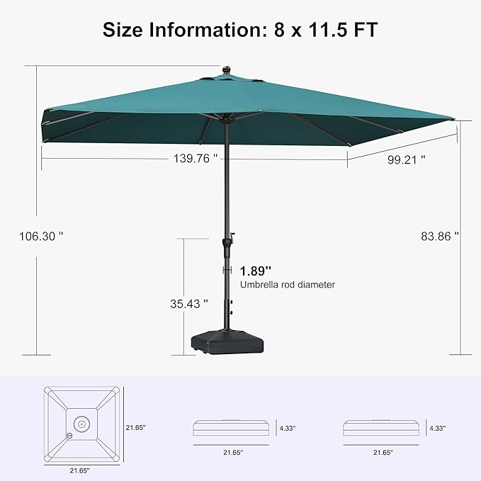 PURPLE LEAF 11.5' x 8' Rectangle Patio Market Umbrella with Base Outdoor Table Umbrellas Aluminum Frame Sun Shade with 8 Sturdy Ribs for Garden Deck Lawn Pool Green