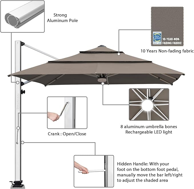 EliteShade USA APOLLO 3-Tier 10x10FT Full Aluminum Cantilever Patio Umbrella for Outdoor restaurant Garden Courtyard Deck Pool and Marketing with Light,Taupe