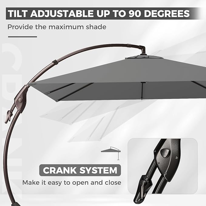 Grand patio 10x10 FT Patio Offset Umbrella, Large Square Aluminum Cantilever Umbrella Base Included for Deck Porch (Gray, 10x10 FT)