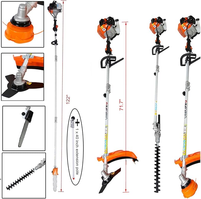 56cc 2-Cycle Gas Multi-Trimmer | 5-in-1 String Trimmer w/Rotatable 40” Pole Saw, Weed Eater Weed Wacker, Brush Cutter & Hedge Trimmer Gas for Lawn, Yard, Garden Care, All-in-one Garden Tool