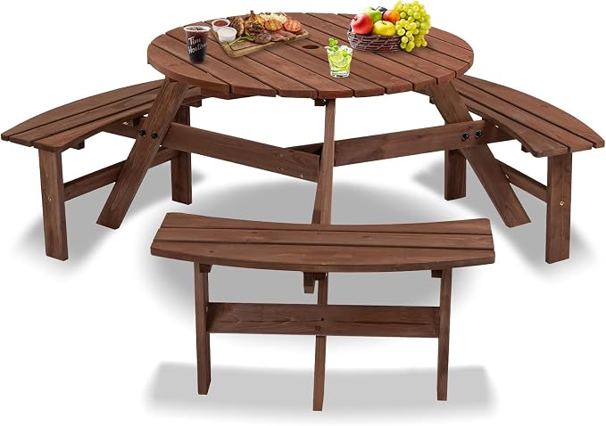 6-Person Outdoor Round Wooden Picnic Table with 3 Built-in Benches, Outdoor Dining Set with Umbrella Holes, 1720 lb. Weight Capacity for Garden, Lawn, Patio (Brown, 66.92"*66.92"*27.55")