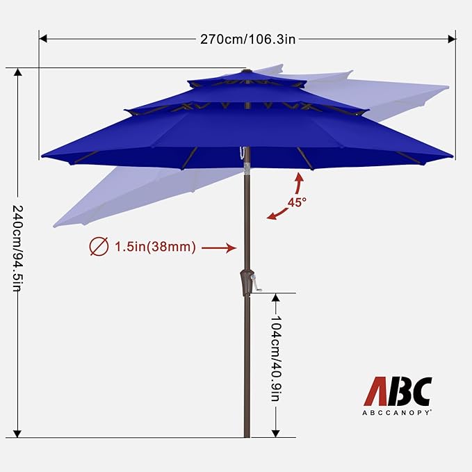 ABCCANOPY 9Ft 3 Tiers Market Umbrella, Outdoor Table Umbrella for Patio, Deck, Backyard (Blue)
