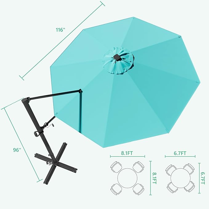Greesum 10FT Outdoor Patio Umbrella with High Pedel and 4 Gear Heights, Large Offset Market Umbrella with 360-degree Rotation, Without Base, Hanging Outdoor Shade for Garden, Lawn, Pool, Light Blue