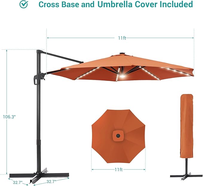 FLAME&SHADE 11 ft Cantilever Offset Patio Umbrella, Large Heavy Duty Outdoor Patio Umbrella Aluminum 360° Rotation Round Outdoor Umbrella for Deck,Pool,Backyard