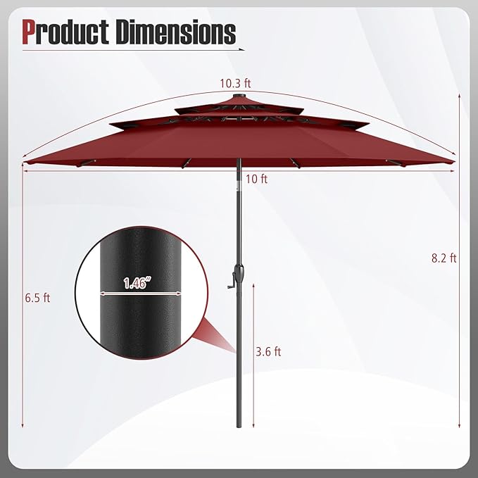Tangkula 10 FT Solar LED Patio Umbrella, 3-Tier Vented Outdoor Market Table Umbrella with 32 LED Lights, Tilt Adjustment, Crank Handle, 8 Ribs for Backyard Pool Deck (Wine)