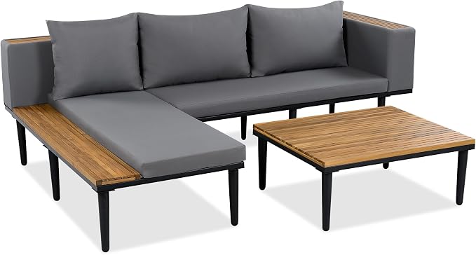JIVOIT Acacia Wood Patio Furniture Set, Luxury Outdoor Conversation Sectional Sofa with Removable Cushions and Coffee Table, Side Table, L-Shaped Sofa Set for Backyard, Porch (Gray/17)