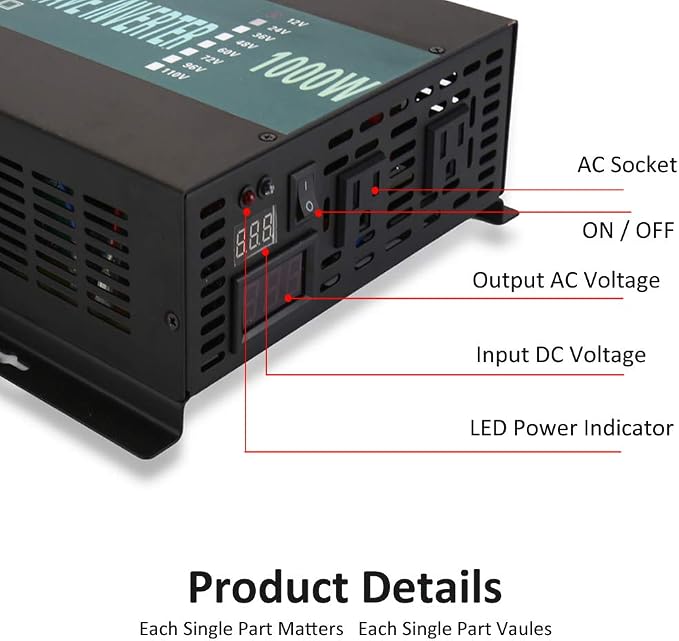 WZRELB Full Power 1000W Rated Power 2KW Surge Power 12V to 120V DC to AC Pure Sine Wave Inverter for Solar System and Off Grid Application Power Converter, (RBP100012B1)
