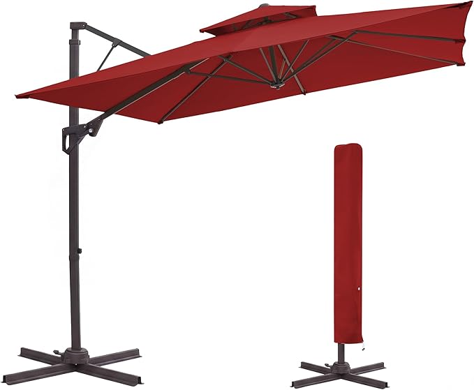 JEAREY 11ft 2-Tier Cantilever Patio Umbrella, Large Square Outdoor Offset Umbrella with Double Top Vent and 360-degree Rotation for Garden, Deck, Pool, Patio, Red