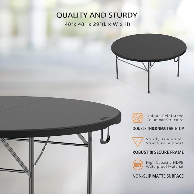 VINGLI 5 FT Black Round Bi-Folding Commercial Table, 60 inch Portable Plastic Dining Card Table for Kitchen Party Wedding Event, 5-Pack