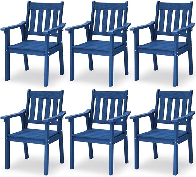 YEFU Patio Dining Chairs Set of 6: All Weather Outdoor Dining Chairs with Wide Curved Seat and Backrest - Outdoor Furniture Plastic for Outside Backyard/Garden/Porch/Deck 350lbs Capacity Blue
