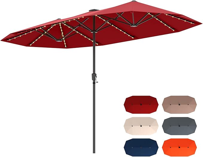 Tangkula 13 Ft Solar Patio Umbrella, Double-Sided Extra Large Outdoor Market Table Umbrella with 108 LED Lights, Crank Handle, 12 Sturdy Ribs for Poolside, Garden & Backyard (Burgundy)