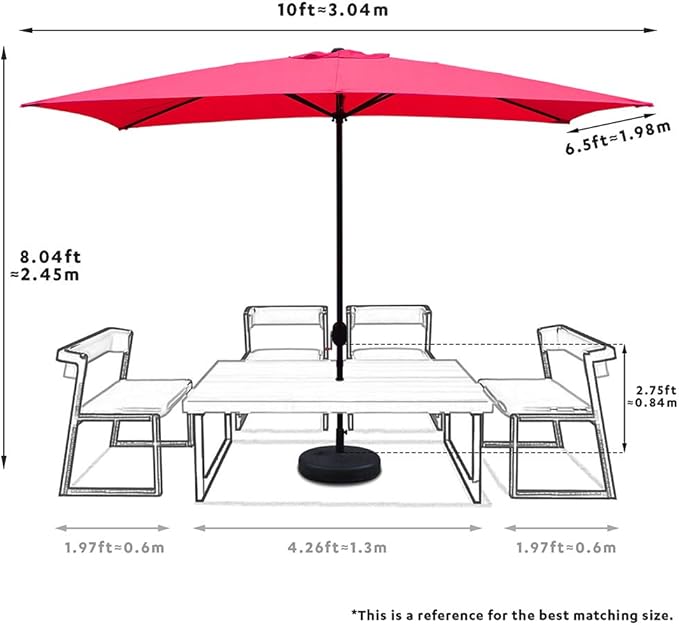 ABBLE Outdoor Patio Umbrella 10 Ft x 6.5 Ft Rectangular with Crank Weather Resistant UV Protection Water Repellent Durable 6 Sturdy Steel Ribs with Easy Handle Crank, Market Outdoor Table Umbrella Red