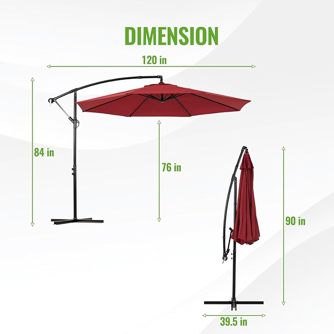 Backyard Expressions 10ft Offset Hanging Patio Umbrella with Crank Lift & Tilt, Outdoor Market Umbrella with UV-Resistant Canopy, Cross Base, and Air Vent for Backyard - Red