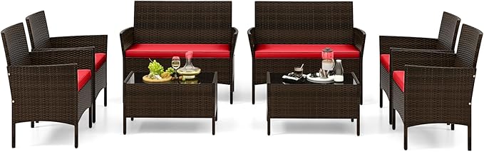 Tangkula 8 Piece Patio Rattan Conversation Set, Outdoor Wicker Furniture Set with Chair, Loveseat & Tempered Glass Table, Cozy Seat Cushions, Outside Sectional Sofa Set for Backyard, Porch (2, Red)
