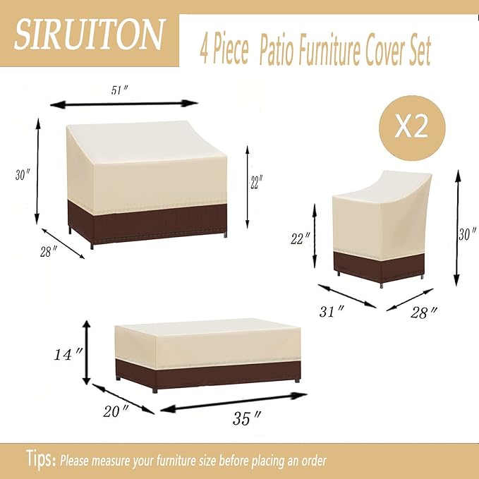 SIRUITON Patio Furniture Covers 4 Piece Set, Waterproof Outdoor Patio Furniture Set Covers, 420D Heavy Duty Durable and Water Resistant Fabric, Fit for Chairs, Couch, Coffee Table-XX-Large,Khaki