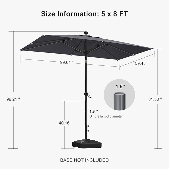 PURPLE LEAF 8' x 5' Rectangular Patio Umbrella Outdoor Table Umbrella Aluminum Frame Market Umbrella Sun Umbrella with 8 Sturdy Ribs & Tilt for Garden Deck Lawn & Pool Light Gray