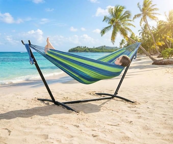 Double Hammocks with Stand for Outside, Heavy Duty Portable Outdoor Hammock with 6 Adjustable Height, 450 LBS Weight Capacity, Perfect for Outdoor Indoor Patio Backyard Garden