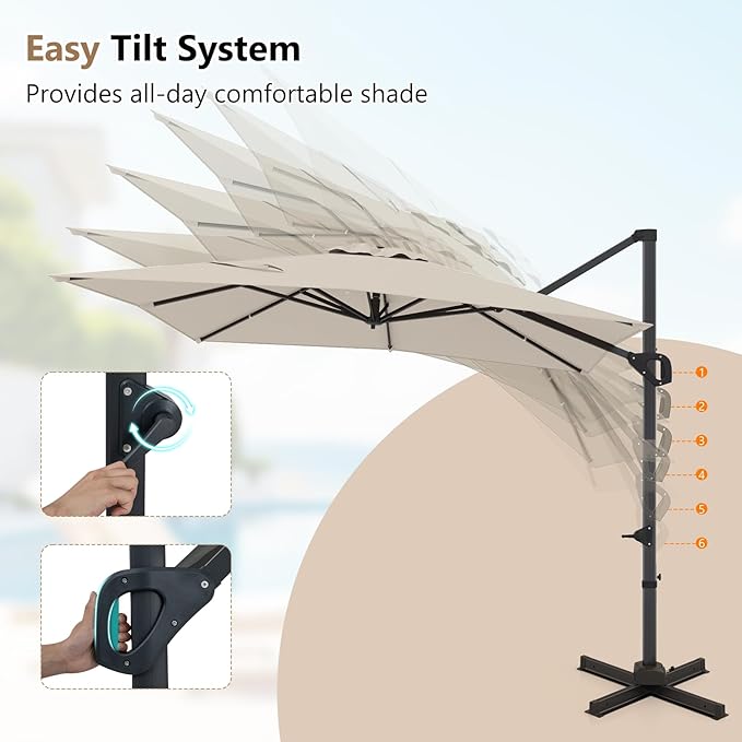 Tangkula 11 x 9 FT Patio Umbrella, Large Offset Cantilever Outdoor Umbrella with Aluminum Pole, 360 Degree Rotation, Tilt Adjustment, 8 Sturdy Ribs, Air Vent & Cross Base for Backyard Pool Garden Deck (Beige, 11x9 FT)