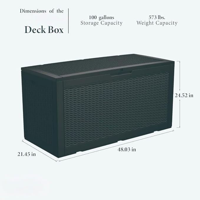 100 Gallon Outdoor Storage Box, Large Storage Organizer for Patio Furniture Accessories, Garden Tools, Indoor Storage for Cushion, Black