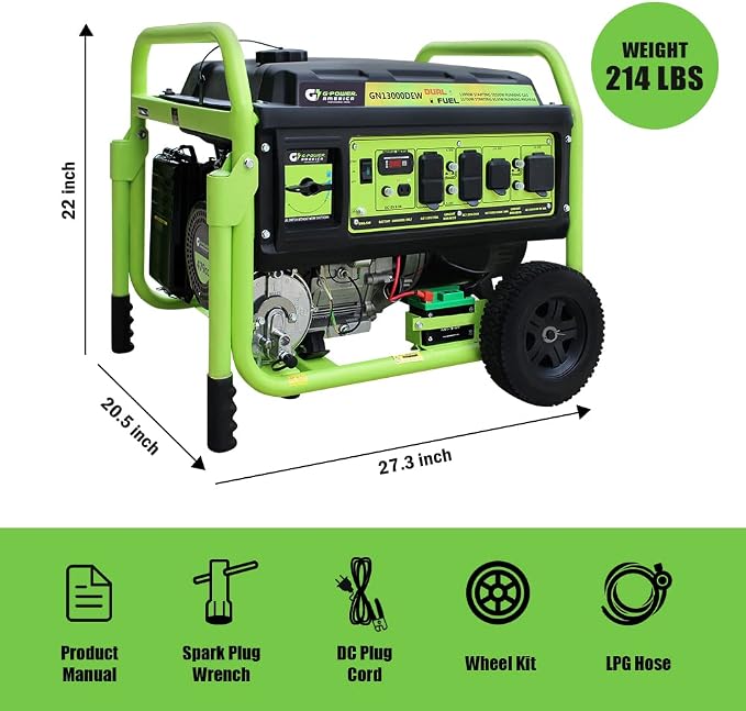 Green-Power America Portable Generator GN13000DEW 13000 Watt Gas & Propane Dual Fuel Electric Start RV Ready 50A Outlet - Home Emergency Backup Camping & Outdoor Residential Use - Safe & Reliable
