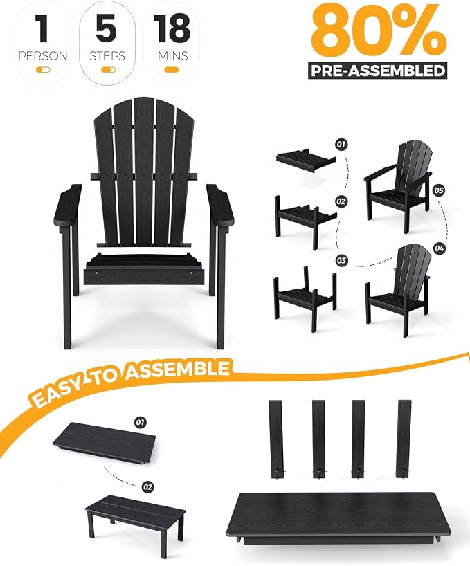nevilywood 3-Piece HDPE Adirondack Chair Set, 2 Stackable Chairs Coffee Table, All-Weather Wood Grain, Patio Garden Backyard,Black