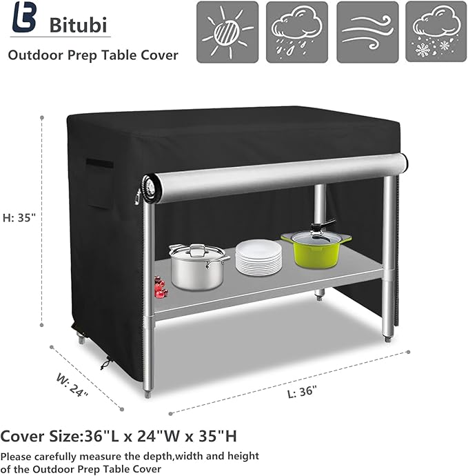Bitubi 36 Inch Outdoor Prep Table Cover with Split Zipper, Waterproof Stainless Steel Prep & Work Table Cover for Patio Table- 36''L x 24''W x 35''H (Black)