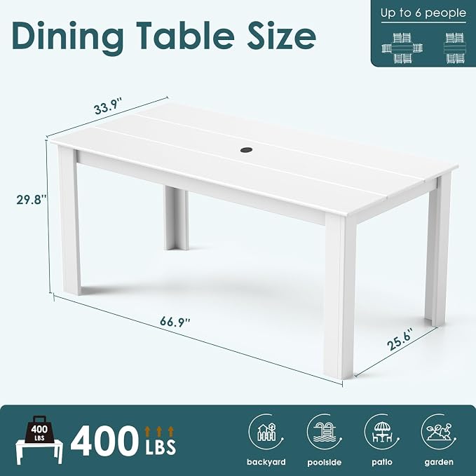 IVY&LANE Outdoor Dining Table | HDPE | 67’’ Rectangle Tables | White | All Weather | Umbrella Hole | Patio Furniture | for Poolside Lawn Garden Backyard