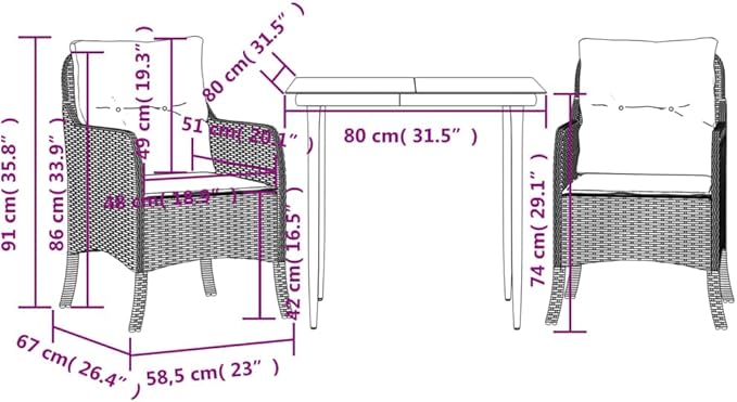 Backyard Furniture Patio Conversation Sets Outdoor Seating 3 Piece Patio Dining Set with Cushions Gray Poly Rattan Suitable for Gardens, Balconies, Decks
