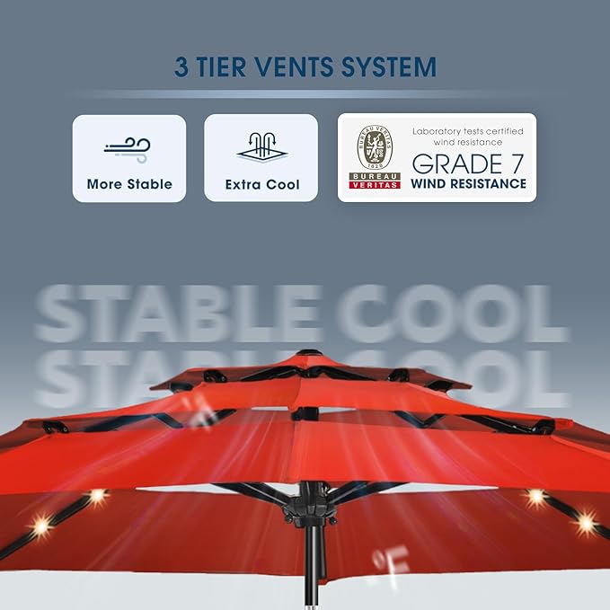 wikiwiki 9FT 3Tiers Solar Led Patio Umbrella, Sturdy Outdoor Market Umbrella for Deck, Pool, Garden w/Tilt, Crank, 32 LED Lights, Red