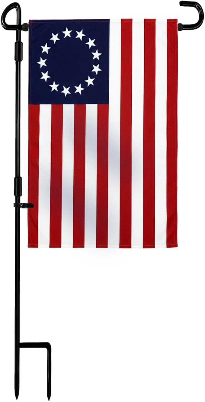 TOPFLAGS Garden Flag Stand with Betsy Ross Flag Garden Flags 12 x 18 Inch Metal 13 Star American Yard Flag Holder Pole Stake Small Flag Stands with Clips and Stopper