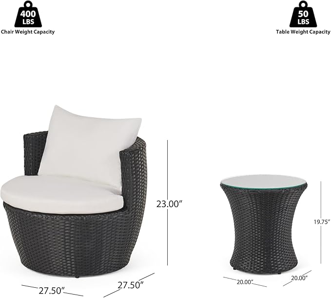 Merax Patio Furniture Set of 3, Outdoor PE Rattan Wicker Chairs with Cushion & Glass Coffee Table for Balcony Garden Front Porch, Patio Conversation Sets for 2, Sturdy Aluminum Frame, Black+Ivory