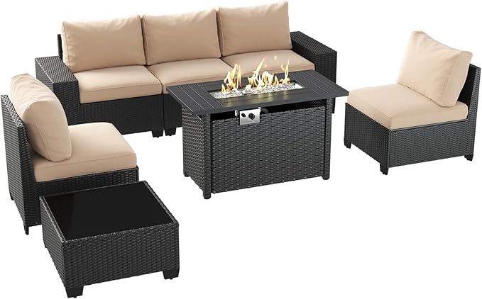 Aoxun Patio Furniture Set with 44'' Fire Pit Table, 7 Pcs Outdoor Patio Furniture Sets with 4in Thicken Cushion, Widen Armrests Wicker Outdoor Sectional for Backyard