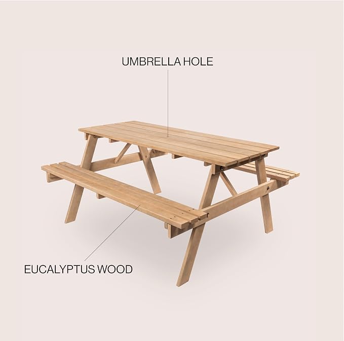 JONATHAN Y Shoreham 59" Eucalyptus Wood Outdoor Picnic Table with Benches for Patio, Rectangular Dining Set with 2" Umbrella Hole, Heavy Duty 700 lbs Capacity, Light Teak BNH200B