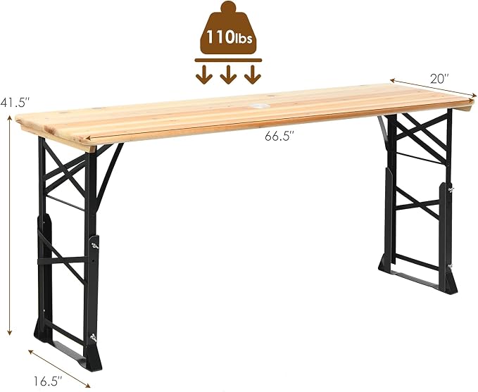 Goplus Folding Picnic Beer Table, Outdoor Camping Table with Umbrella Hole, Adjustable Heights and Wood Top, Portable Picnic Table for Patio Garden Party Backyard, No Assembly