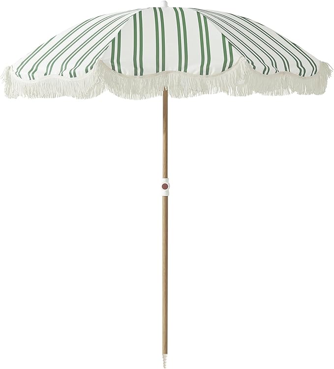 6FT Stripe Fringe Beach Umbrella for Sand with Sand Anchor, UPF 50+ Sun Shade with Tassels, Adjustable Tilt Pole, Portable Coastal Umbrella for Beach & Pool, Heritage Ocean Cypress Stripe