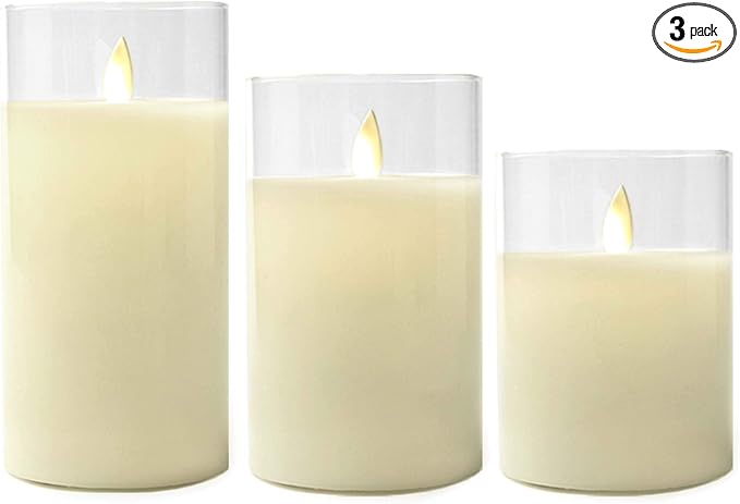 LumaBase Battery Operated Glass Hurricane LED Candles with Flickering Flame - Set of 3