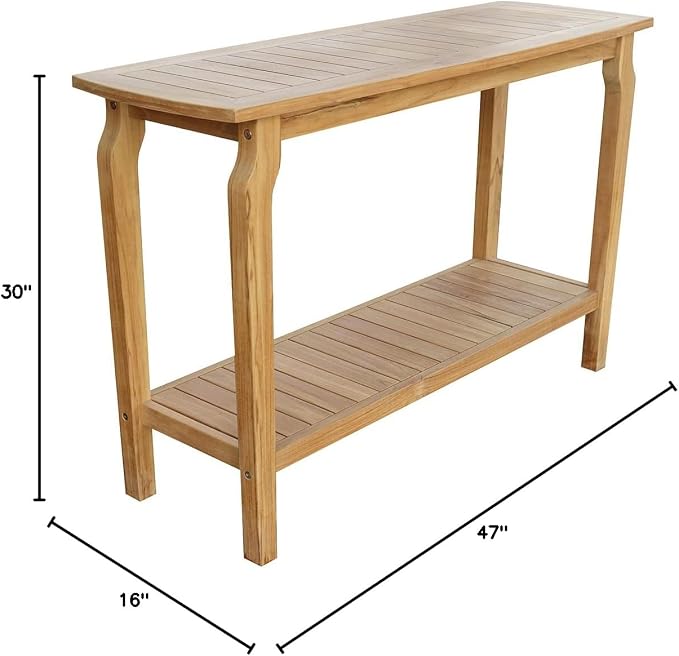 Nantucket Outdoor & Indoor Patio Console Serving Bar Table with Lower Shelf, Solid Teak, 47" L x 16" W x 30" H. This Outdoor Table is Great for Entertaining, Gardening, or Even Grilling.
