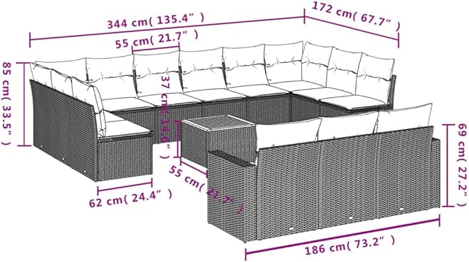 vidaXL Patio Sofa Set with Cushions 14 Piece, Outdoor Conversation Set, Sectional Sofa for Garden Balcony, Patio Furniture, Gray Poly Rattan