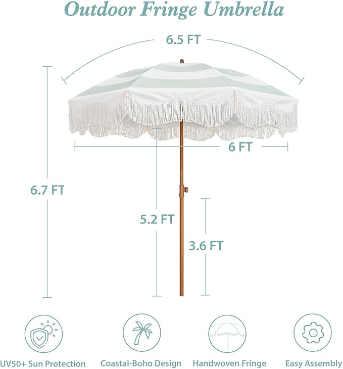 AMMSUN Boho Fringe Umbrella Outdoor Patio, 6.5ft UPF50+ Picnic Umbrella with Tassels with Steel Pole and Push Button Tilt, Vintage Green Stripe