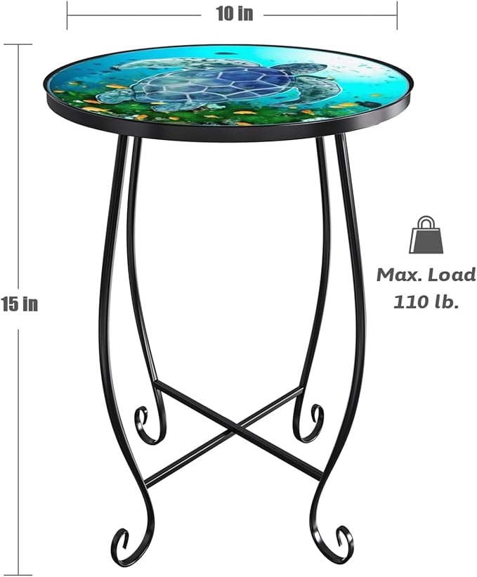 15 Inch Tall Outdoor Patio Table, Foldable Metal Turtle Table with Mosaic Design, Shatterproof Small Patio Table for Balcony Porch, Rust Resistant Mosaic Outdoor Side Table Style