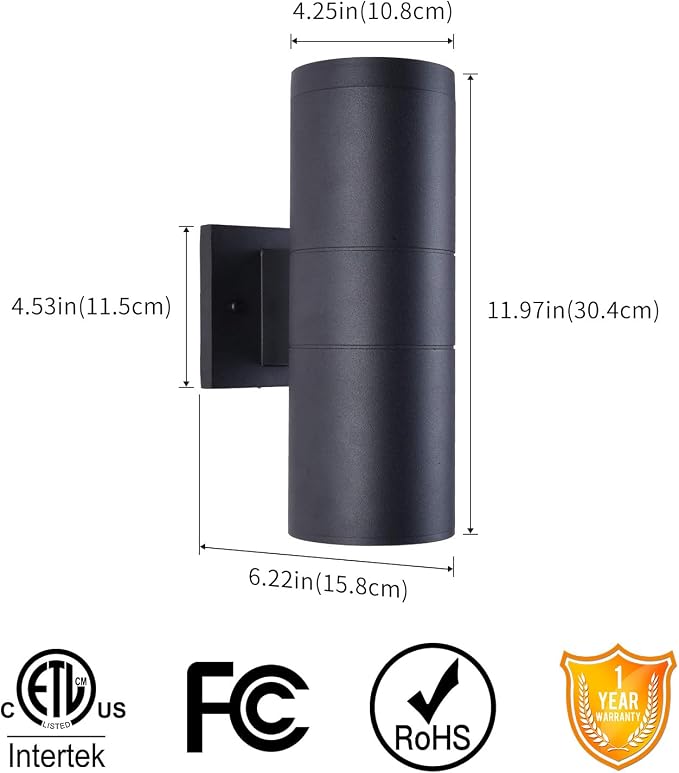 mirrea 12" Modern Outdoor Porch Light in 2 Lights, Matte Black, 4 Pack | Aluminum cylinder exterior fixtures, tempered glass cover, waterproof wall sconce & patio light for outdoor use.