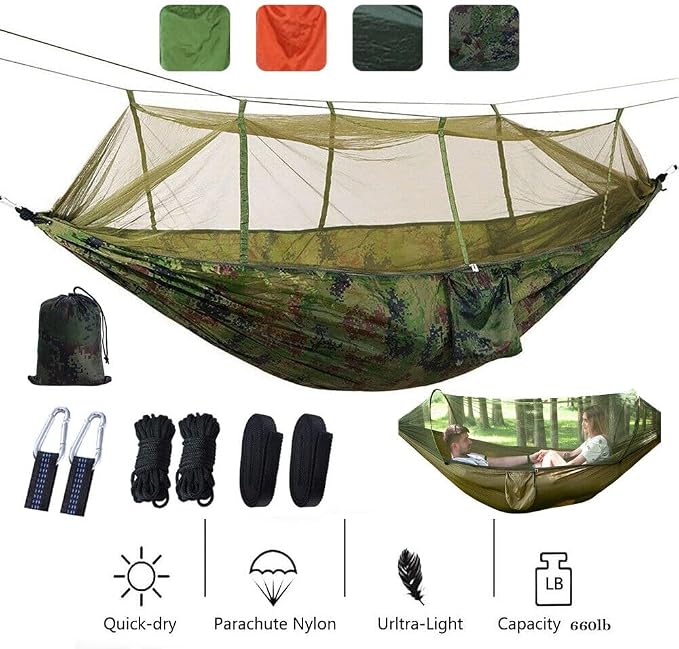 Camping Hammock with Net Hold Up to 660lbs 2 Person Travel Portable Lightweight Nylon Hammocks for Outdoor Hiking Camping Backpacking Travel Backyard Beach (Light Green)