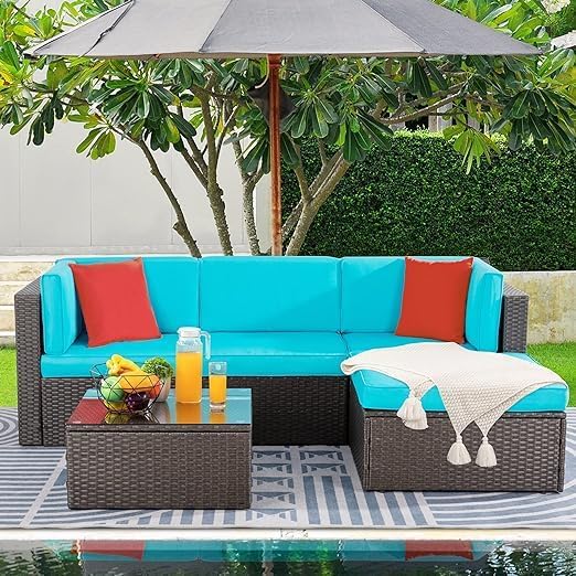 Shintenchi 5 Pieces Patio Furniture Sets Outdoor All-Weather Sectional Patio Sofa Set PE Rattan Wicker Patio Conversation Set with Glass Table&Ottoman Cushion, Blue