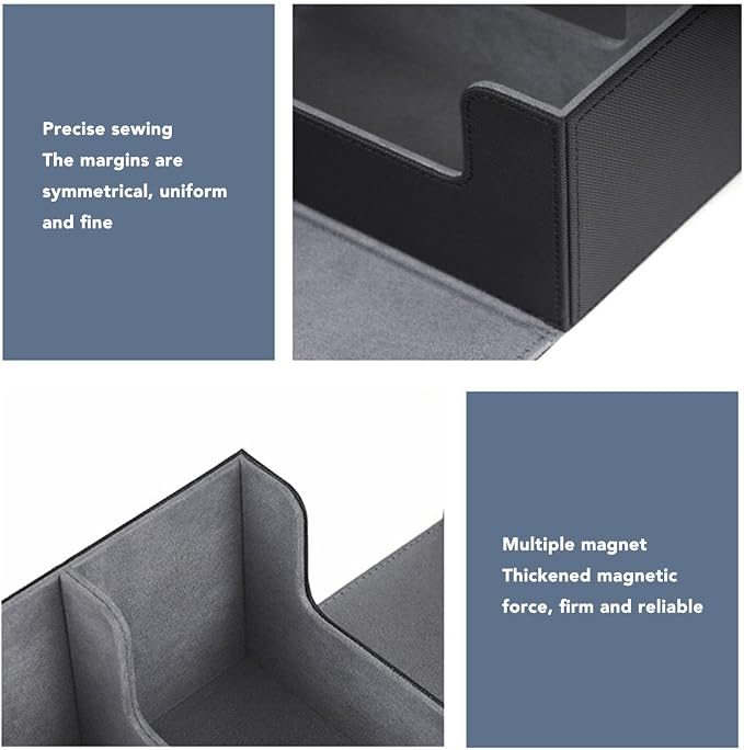 Card Deck Box 3 Rows Large Capacity, Magnetic Closure PU Leather Card Deck Storage for Game Cards Tarot Cards, 1800 Cards Deck Holder, Game Cards Storage Box (Black Shell with Grey Lining)