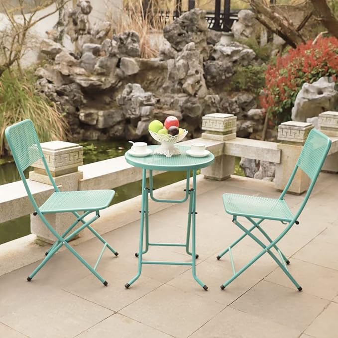 3-Piece Patio Bistro Set, Metal Folding Outdoor Patio Furniture Sets, Stainless Steel Patio Conversation Set with Folding Patio Round Table and Chairs for Yard, Garden or Balcony